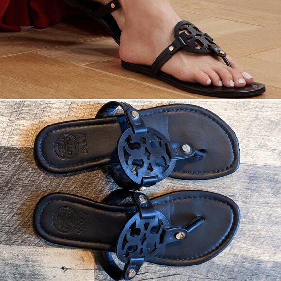 Tory Burch Miller Sandals EU38 Black Leather Laser-Cut Logo $200 $100  These are - Picture 1 of 8